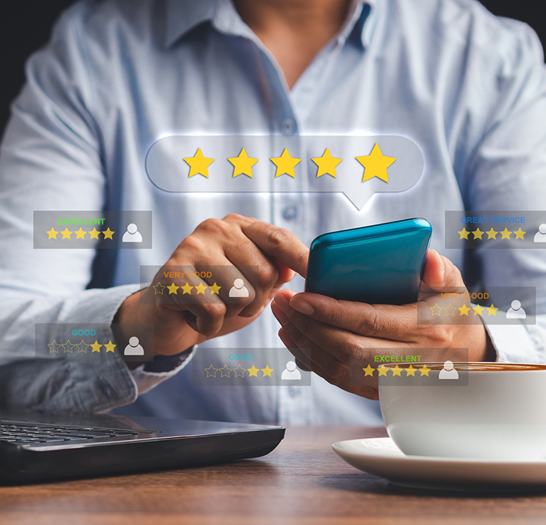 Looking up 5 star reviews on a smart phone